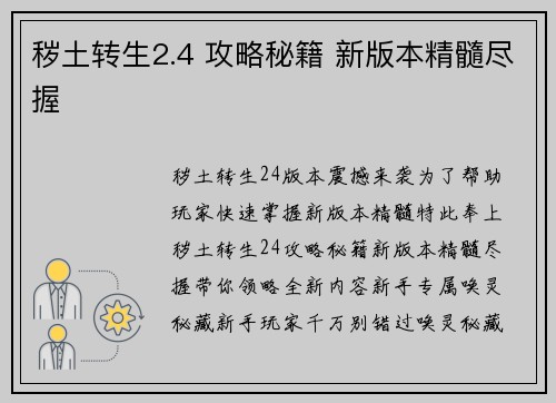秽土转生2.4 攻略秘籍 新版本精髓尽握