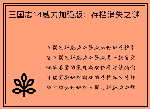 三国志14威力加强版：存档消失之谜