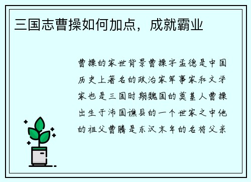 三国志曹操如何加点，成就霸业